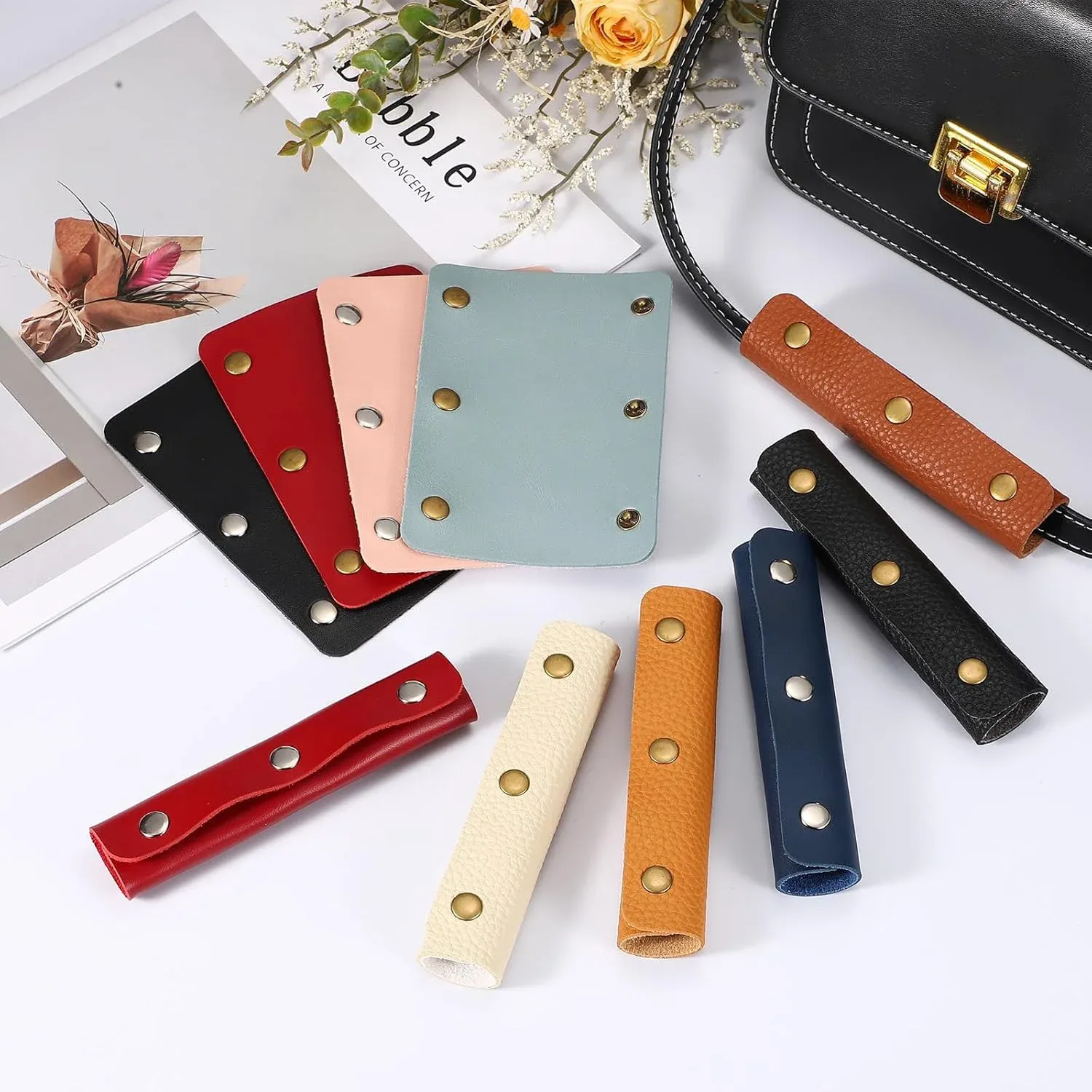 4 Pcs Handbag Handle Covers, PVC Leather Grip Protectors with Buckles, Beige and Black โ image 5