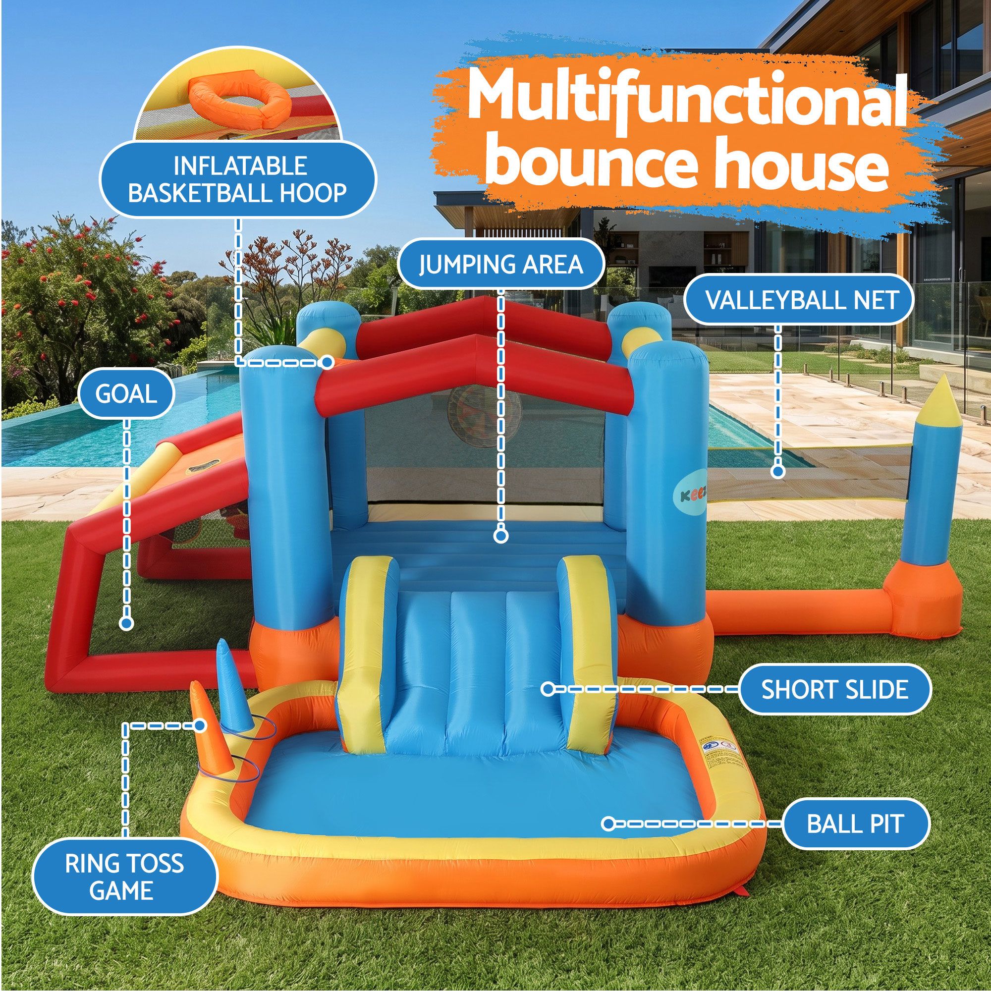 Keezi Inflatable Kids Pool Play Park Jumping Castle Volleyball Net with Blower Balls 4mx4.37m โ image 4