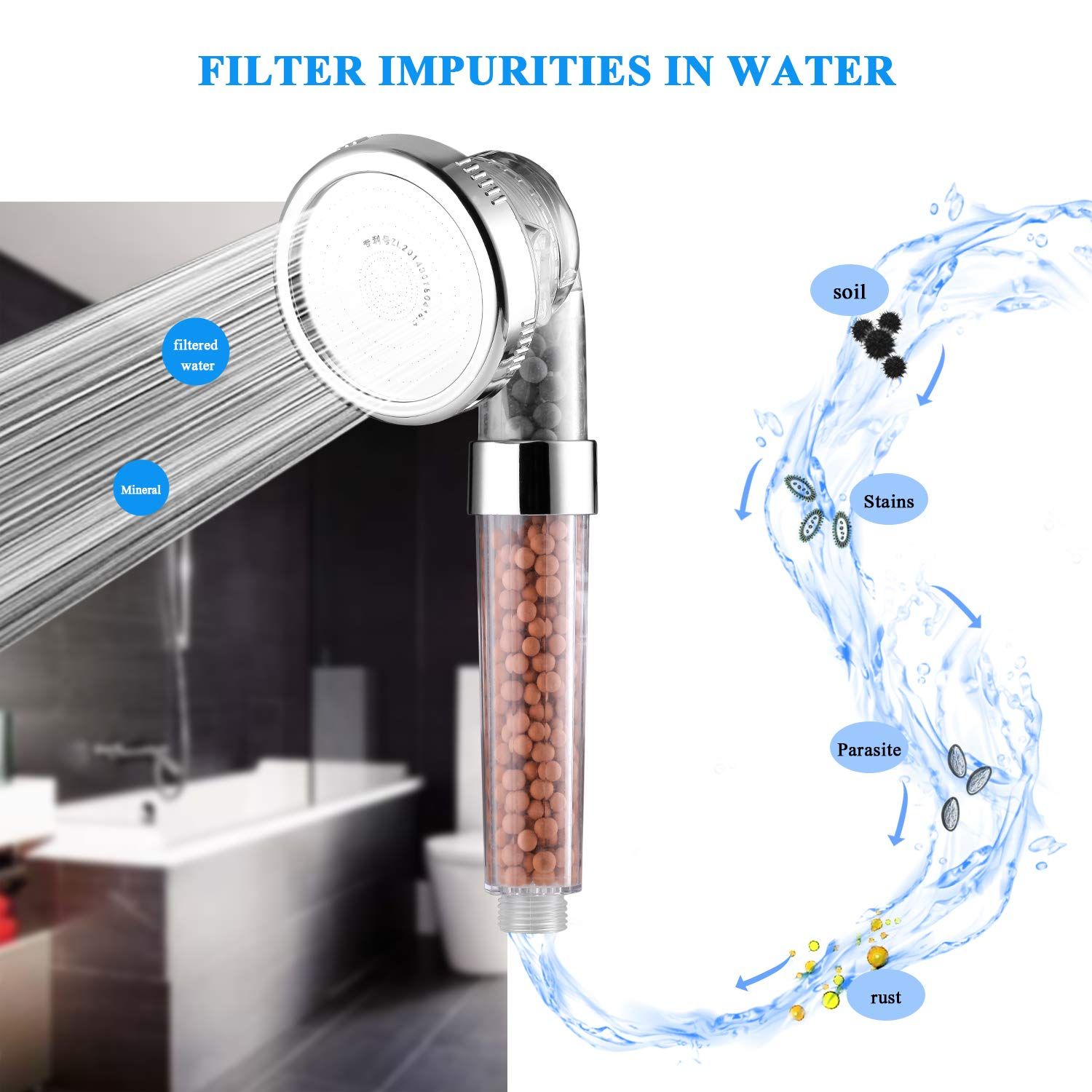 High pressure showerhead, ion filtration showerhead (3 settings), water-saving and stone filtration bead handheld showerhead โ image 5
