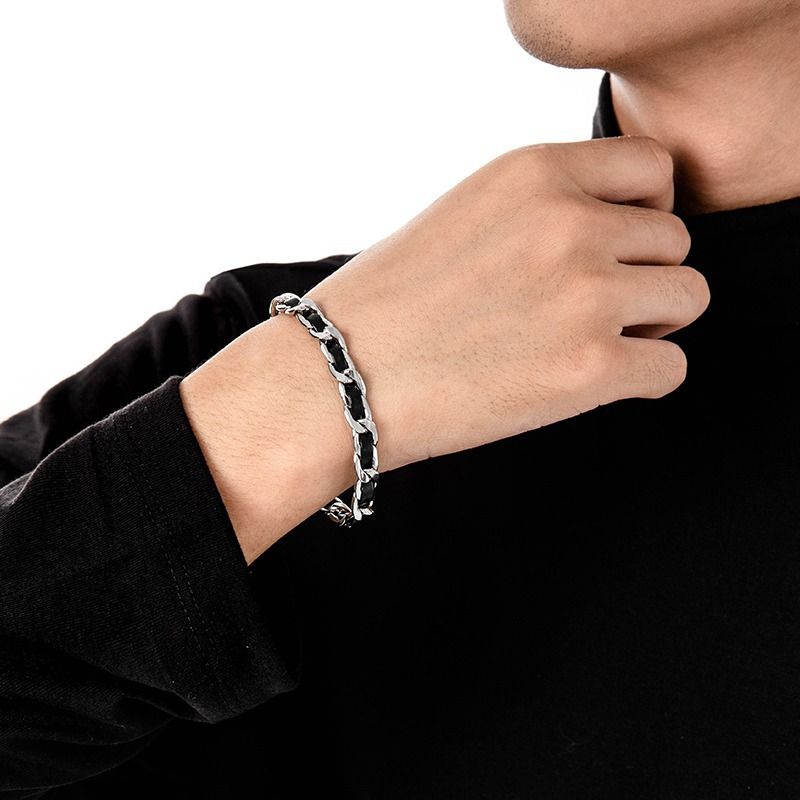 Men's Titanium Steel Bracelet(17cm)- Black and Silver-Tone Chain Link Wrist Accessory for Casual Wear and Gift Giving — image 2