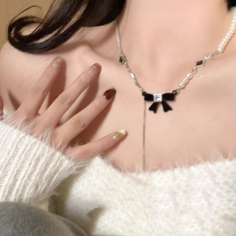 Pearl Necklace Bow Necklace for Women Trendy Pearl Bow Choker Necklace Pearl Beaded Becklace Sparkly Rhinestone Bow โ image 4