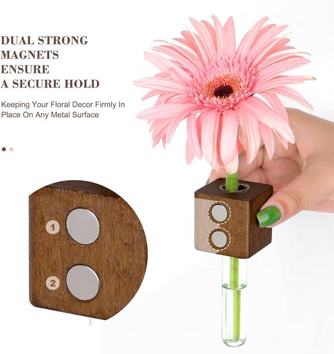 Magnetic Test Tube Flower Vases for Refrigerator, Set of 2 Wooden Fridge Magnet Planters with Glass Tubes – Light & Dark Wood Color, Propagation Station for — image 2