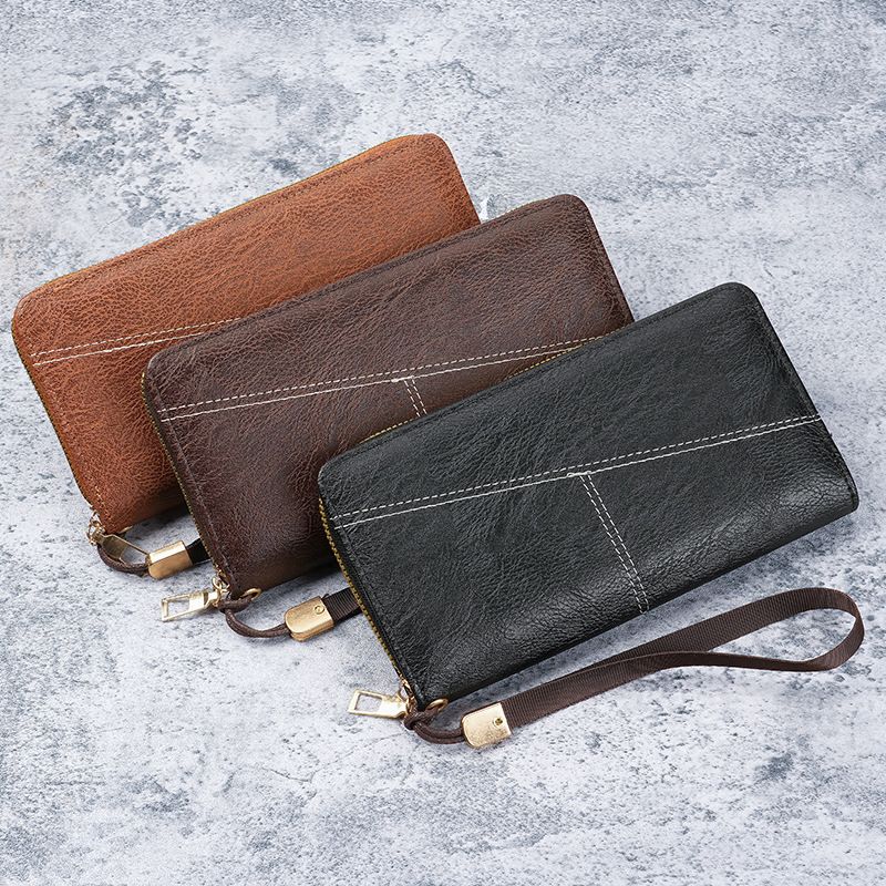 Brown Men's Long Zipper Wallet Clutch - PU Leather Wristlet with Phone and Card Slots — image 2