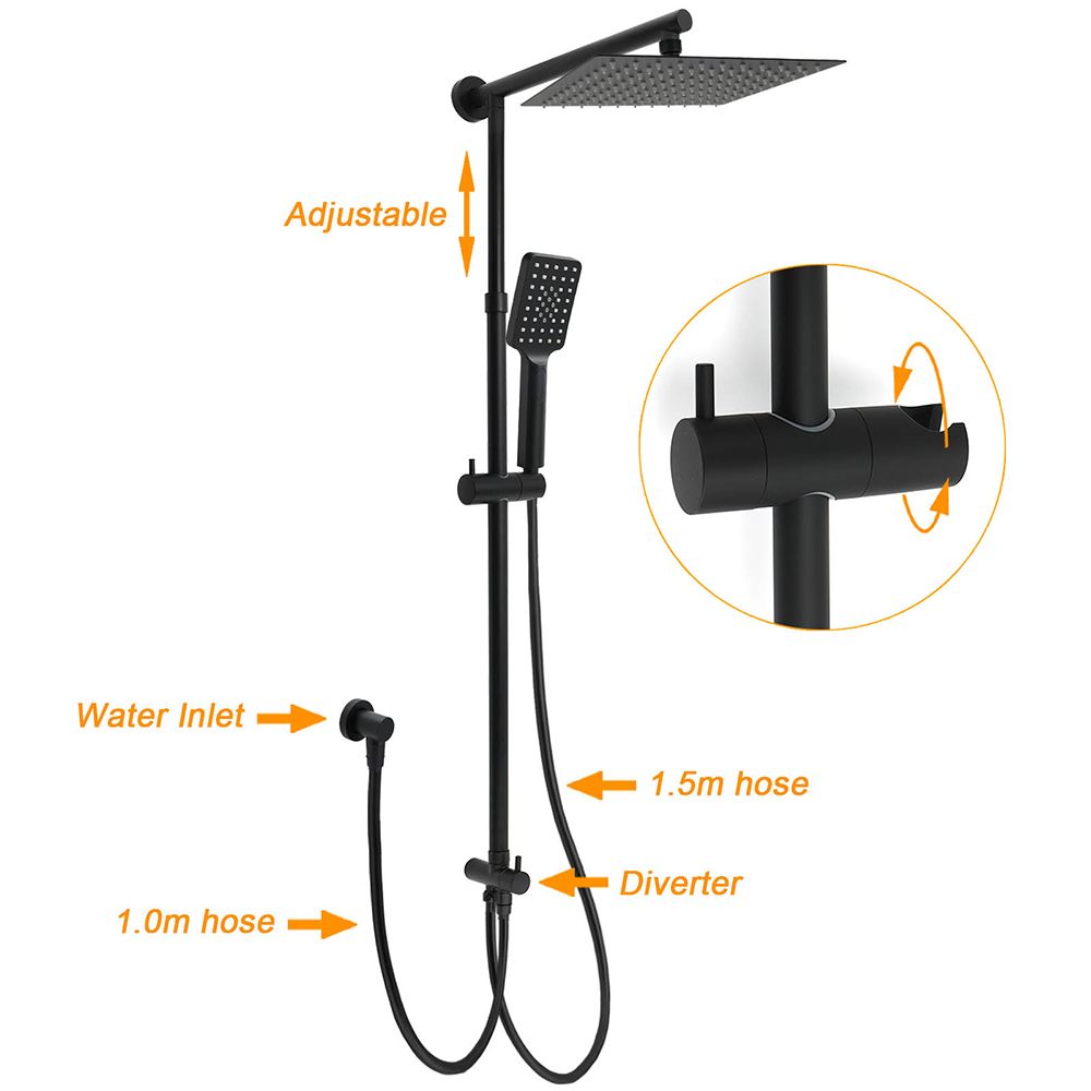 Matt Black 2in1 Set Square 10" Shower Rain Head Handheld Adjustable Silding Rail + Mixer โ image 2
