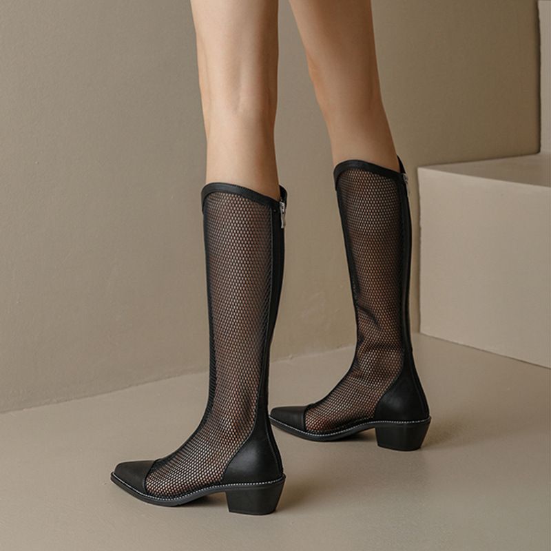 Women Mesh Long Boots Chunky Heel Hollow Apricot 39 โ image 5