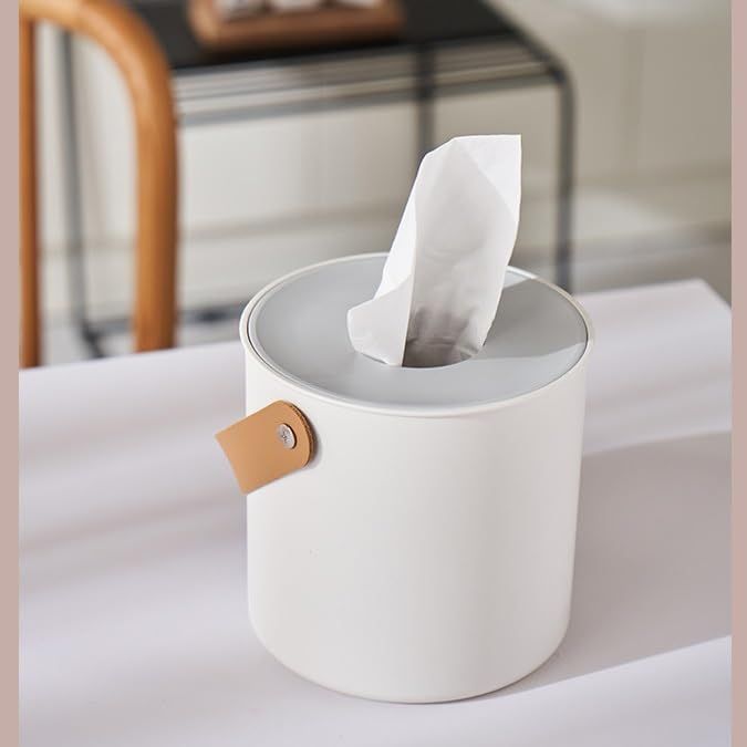 Modern Round Tissue Dispenser Holder Plastic Box Cover Napkin Organizer with leather handles for bathroom vanity tops โ image 4