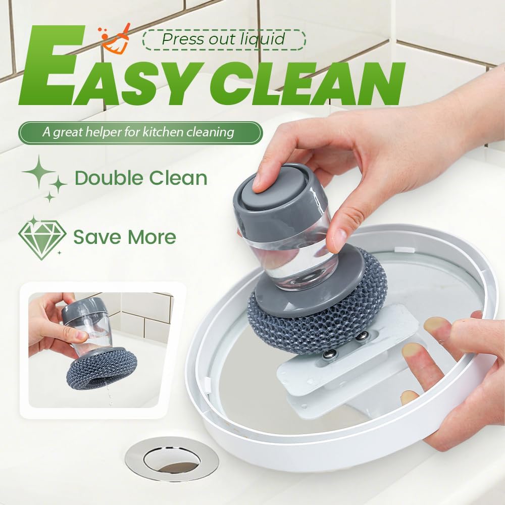 Dish Brh with Soap Dispenser, Soap Dispensing Dish Brh - with PET/Steel Wire Bristles, Kitchen Scrub Brh for Dishes Pots Pans Sinks (PET Head) — image 2