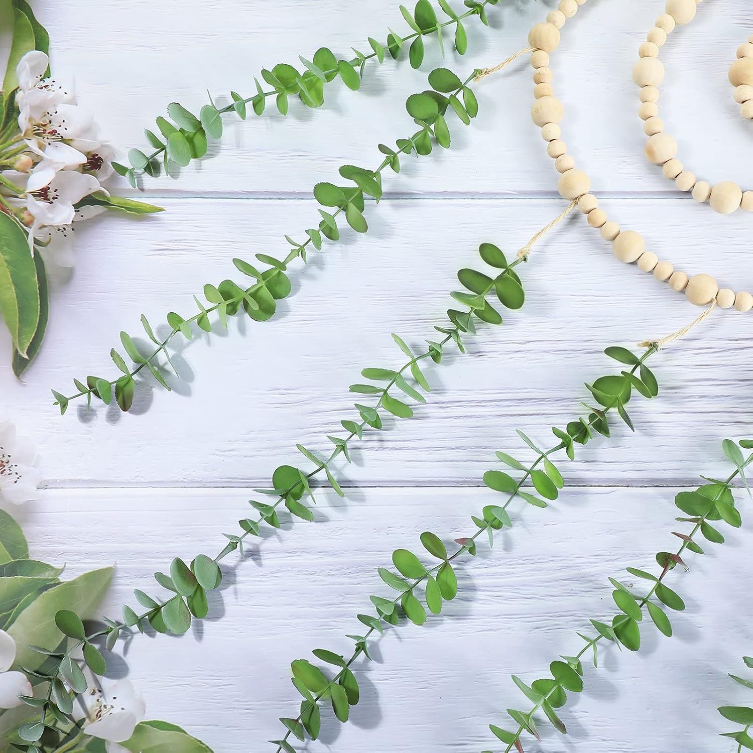 Hanging Eucalyptus Boho Wall Decor Large Boho Bedroom Wall Hanging Wooden Bead Garland Artiicial Eucalyptus Natural Greenery Decoration, 36 x 36 Inch โ image 4