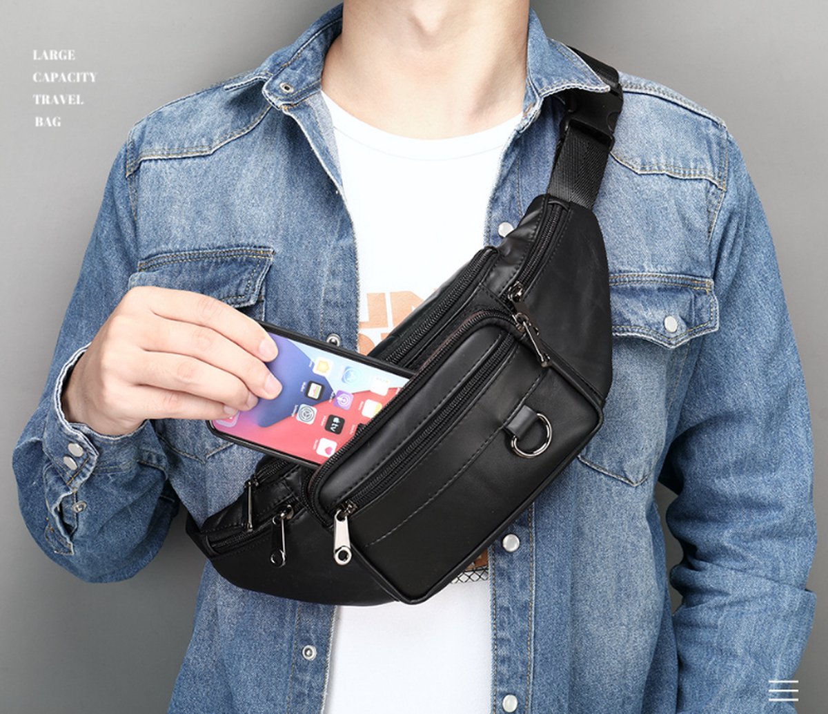 Belt bag - Phone bag - Crossbody - Pouch bag - Leather - Black - 19 x 11 x 3 cm - 6 compartments - Durable - Waterproof - for Travel, Outdoor, Hiking, Sports — image 4