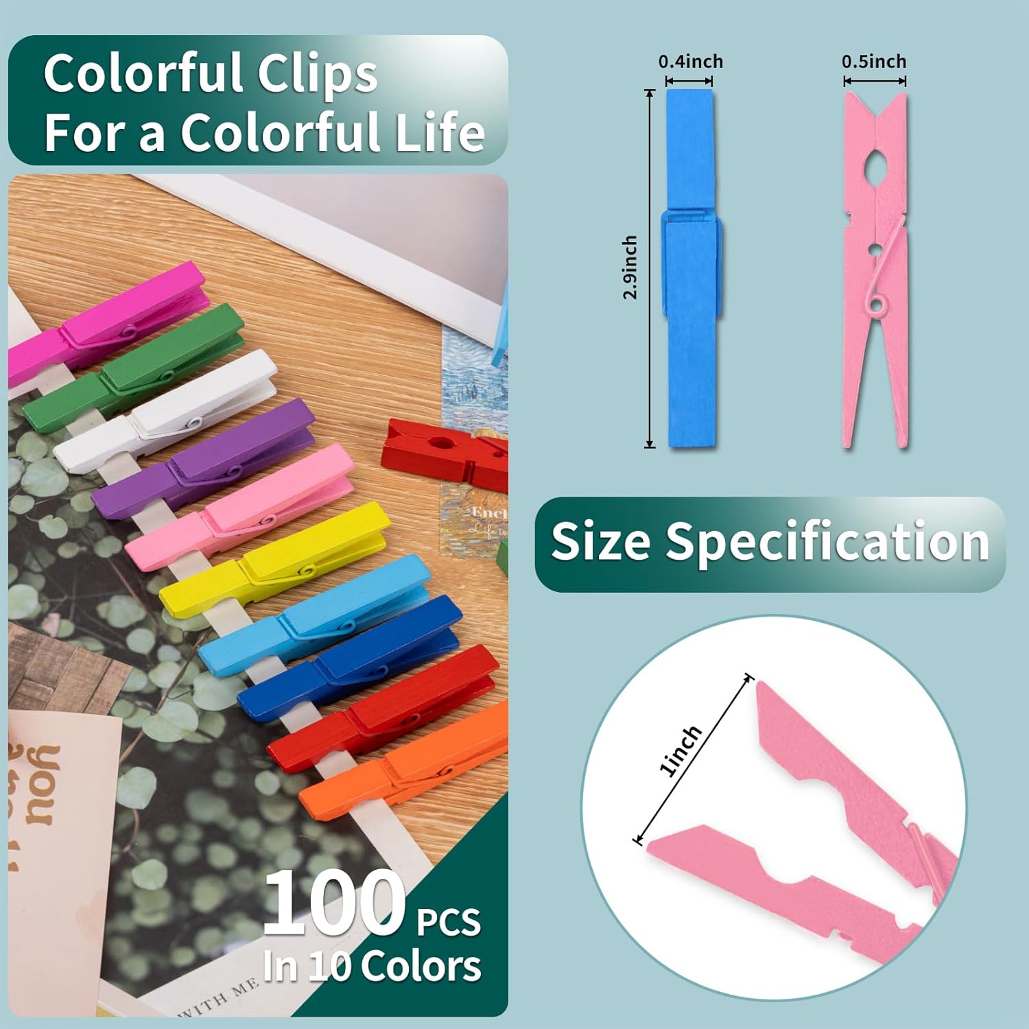 100 Pcs Colored Clothespins Wooden 2.9 Inch Rainbow Color Crafts Decorative Clips for Scrapbooking, Photographs and Hanging Outdoor Clothes, 10 Each of 10 — image 2