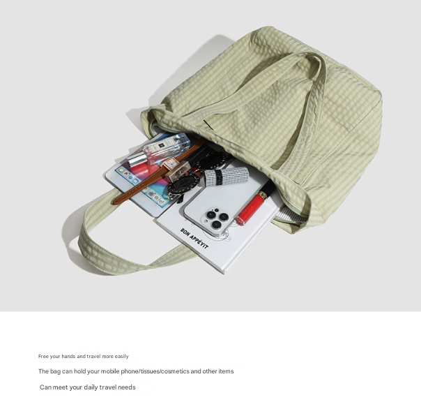 Beige Stylish Lightweight Seersucker Gingham Tote Bag - Spacious Multi-Pocket Shoulder Bag with Zipper — image 5