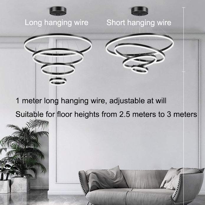 Black 3 Rings Minimalist LED Pendant Light Adjustable Circular Chandelier — image 6