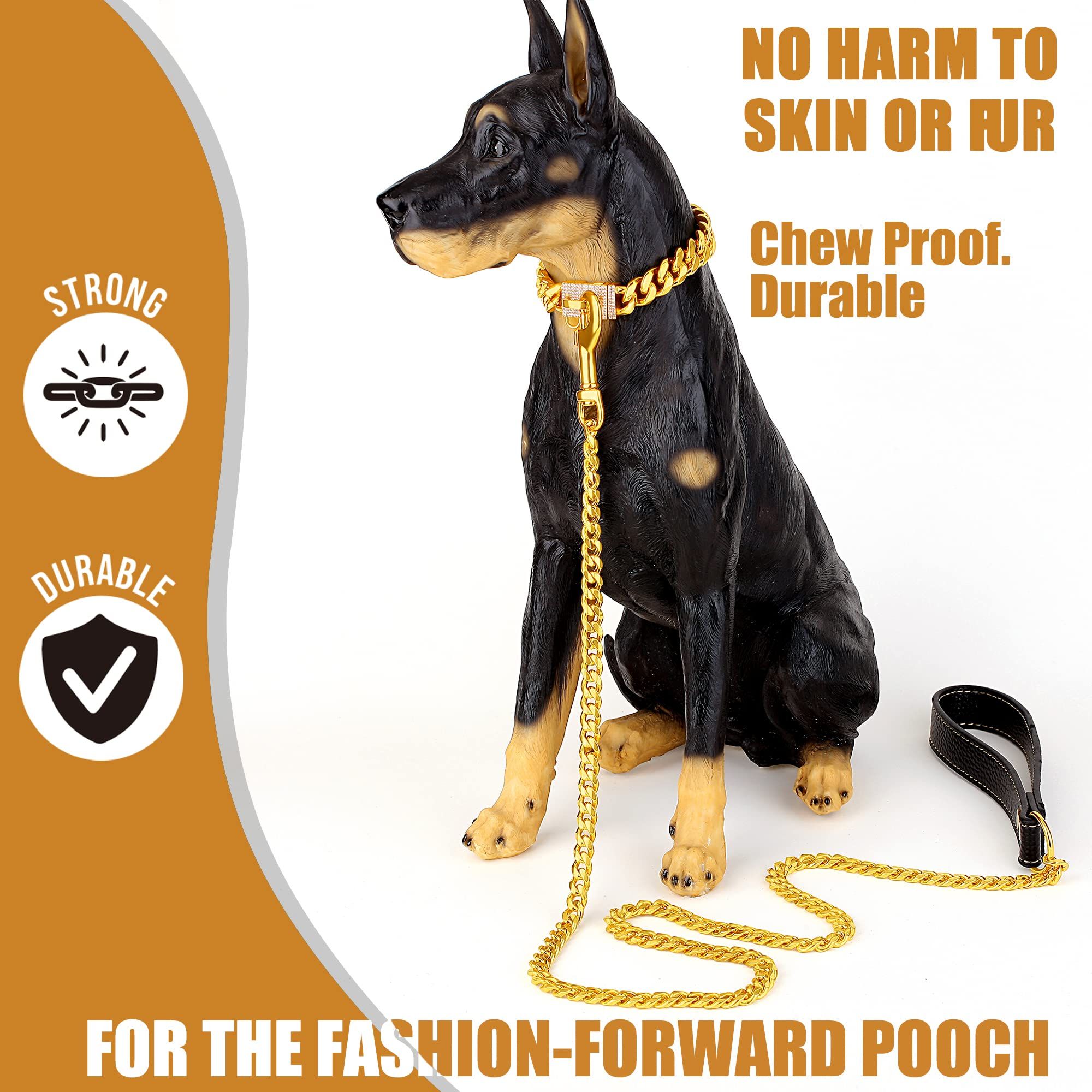 Dog Chain Leather Gold Dog Leather 4FT Stainless Steel 10mm Cuban Chain Dog Leather with Comfortable Handle, Suitable for Small, Medium and Large Dogs — image 3