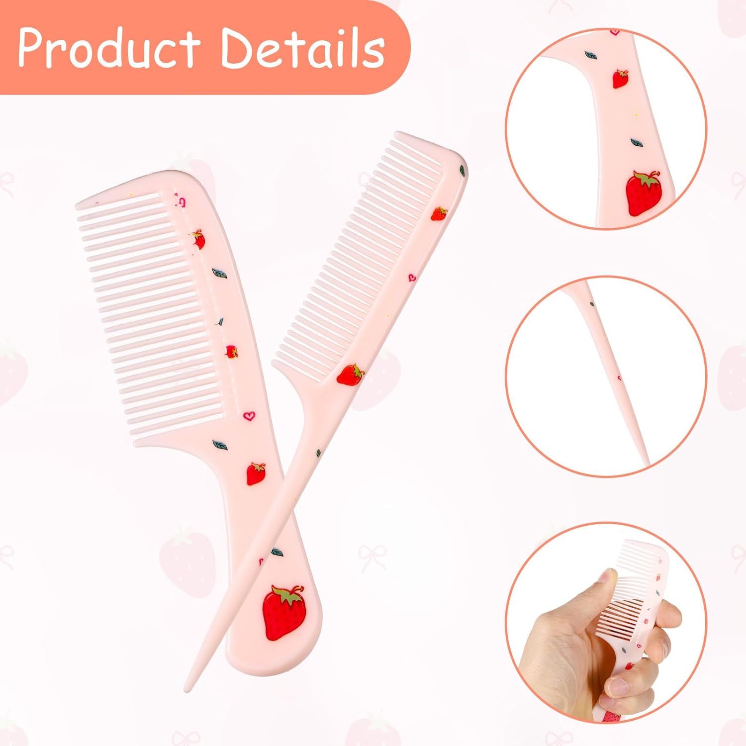 2pcs Cute Hair Comb Set, Pink Strawberry Baby Comb Fine Tooth Comb & Rat Tail Comb Toddler Tiny Hair Comb Small Girls Comb Plastic Mini Kids Comb Hair Parting — image 3
