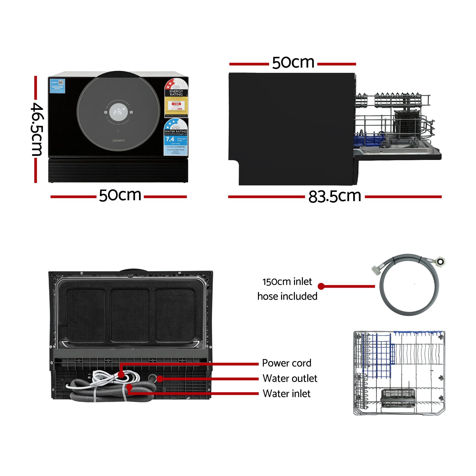 Devanti 6-Place Setting Benchtop Dishwasher 50cm Black — image 2