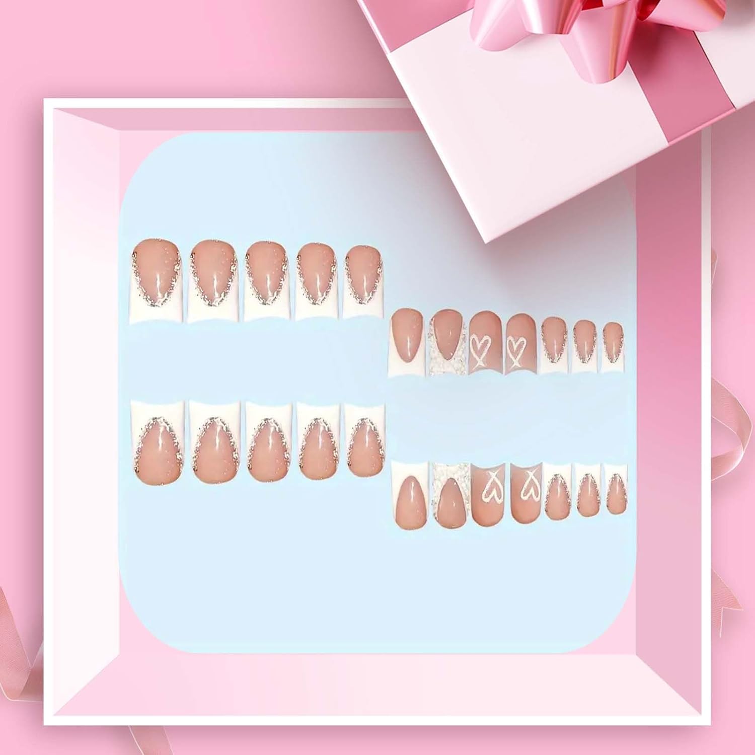 Nude Square Press on Nails Short Length,White French Tips Fake Nails with Rhinestones Design for Birthday/Bride/Holiday/Christmas/Valentine'S Day/Women/Young — image 3