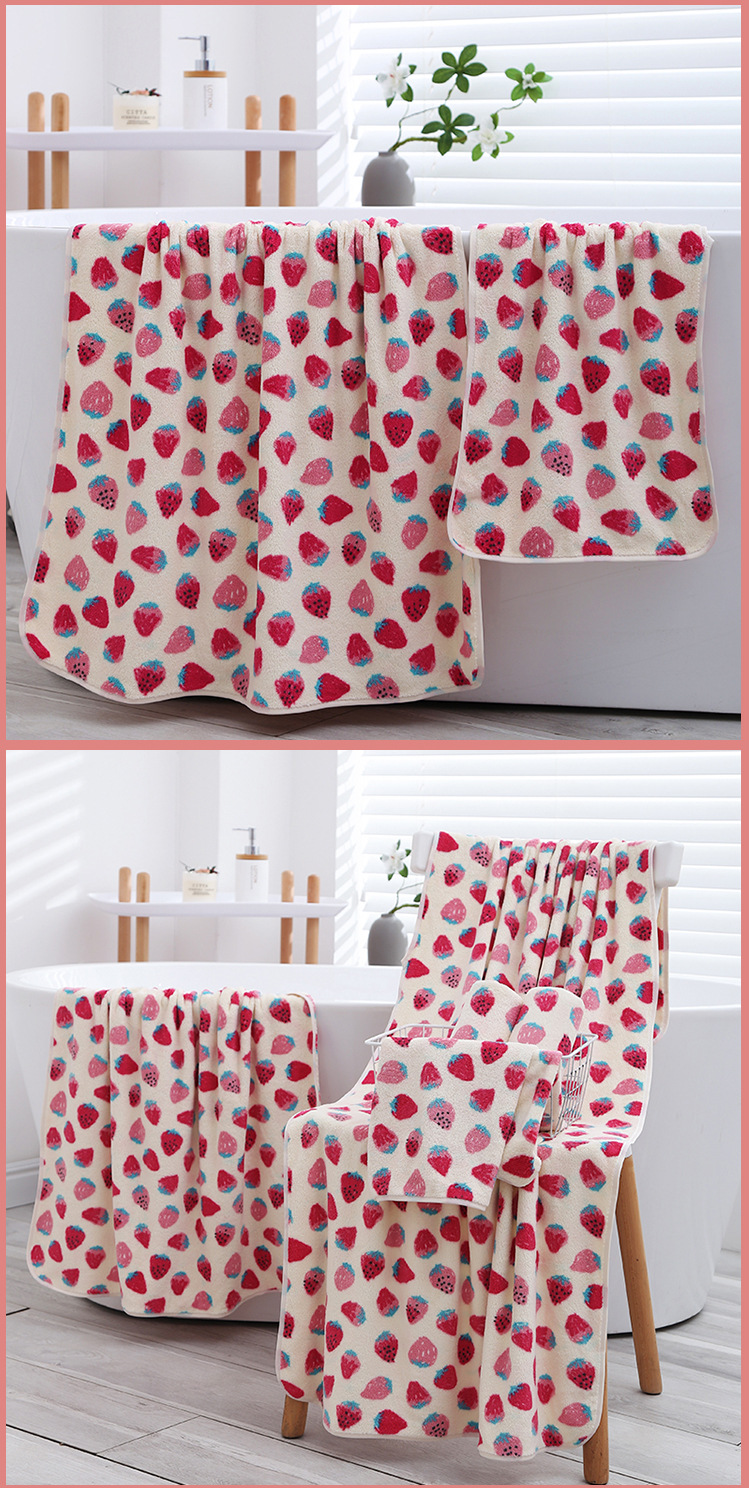 2 Pack Strawberry Coral Fleece Bath Towel Set - Ultra Soft Absorbent Microfibre Bathroom Towels with Hanging Loop - 70x140cm & 35x75cm โ image 2
