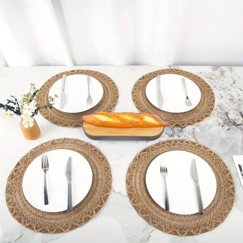 4pcs Nordic Style Round Table Mat, Exquisite Openwork Weave, Polyester Hemp-Like Texture, 38cm Dining Mat, Heat-Resistant and Easy to Care For โ image 2