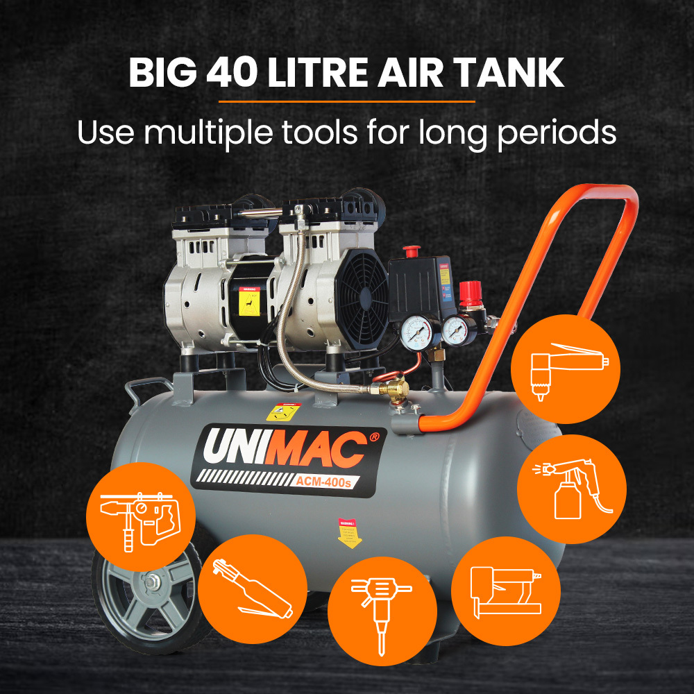 UNIMAC 40L 2.0HP Silent Oil-Free Electric Air Compressor, Portable, Twin Nitto Outlets — image 6