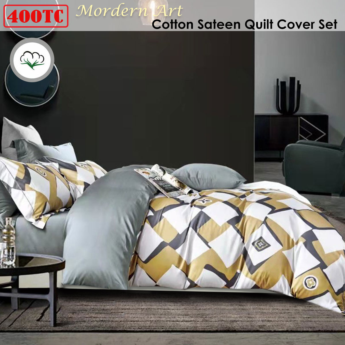 400TC Cotton Sateen Quilt Cover Set Modern Art Queen โ image 2