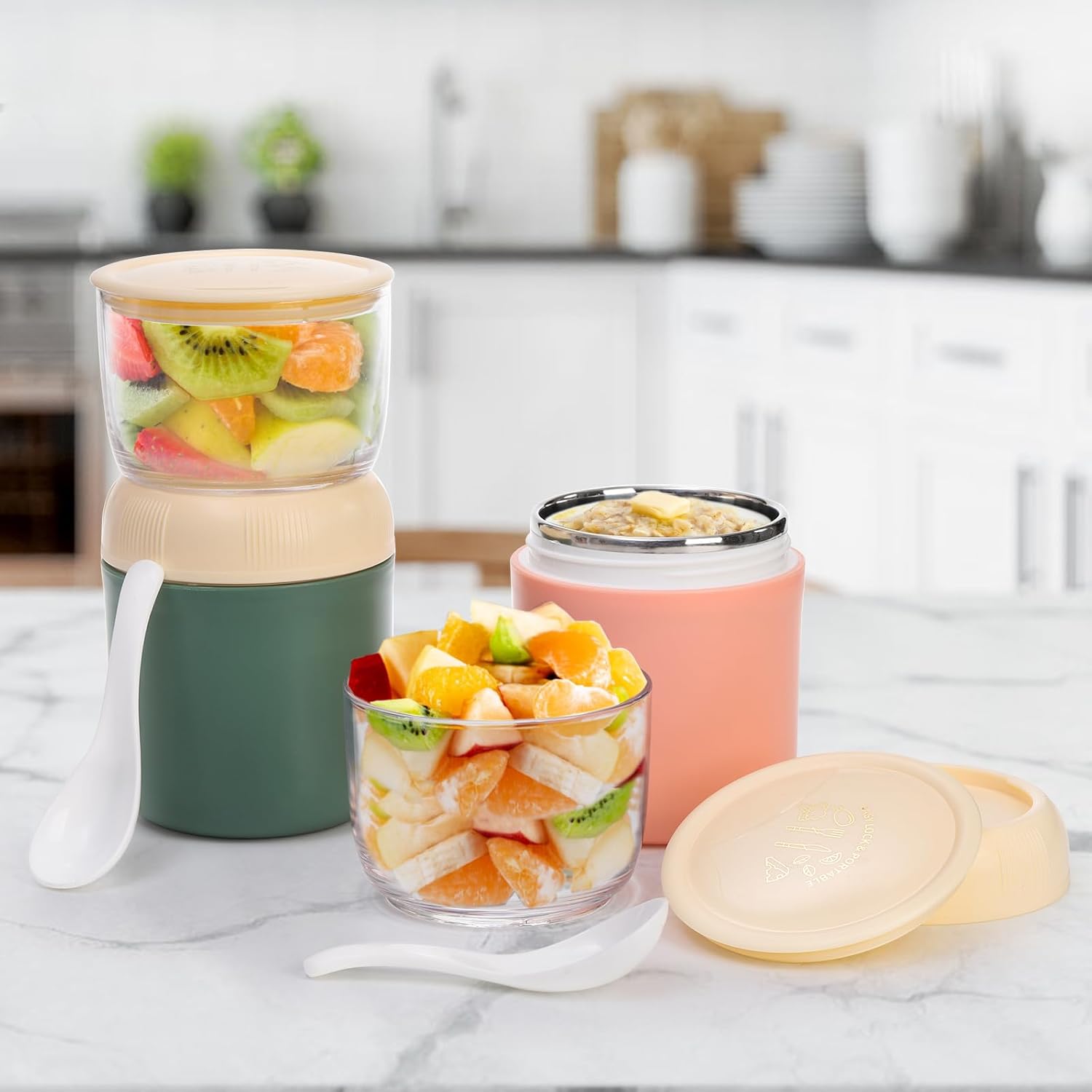2 Pack Insulated Yogurt Container, 24oz Breakfast On the Go Cup with Plastic Topping Cereal Oatmeal Cup, 2-in-1 Food Storage Jar Lid and Spoon, Overnight Oats โ image 6