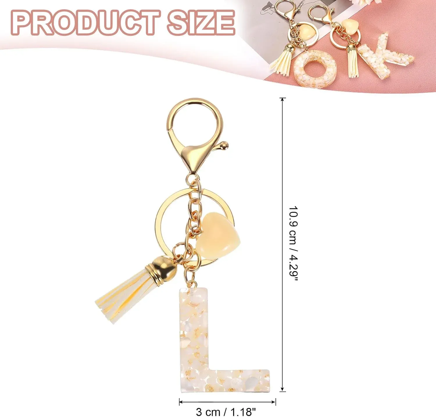 Initial Letter Keychain Charm with Tassel and Lobster Clasp for Bags and Keys, Cream Gold L Pendant, Daily Comfort Use — image 2