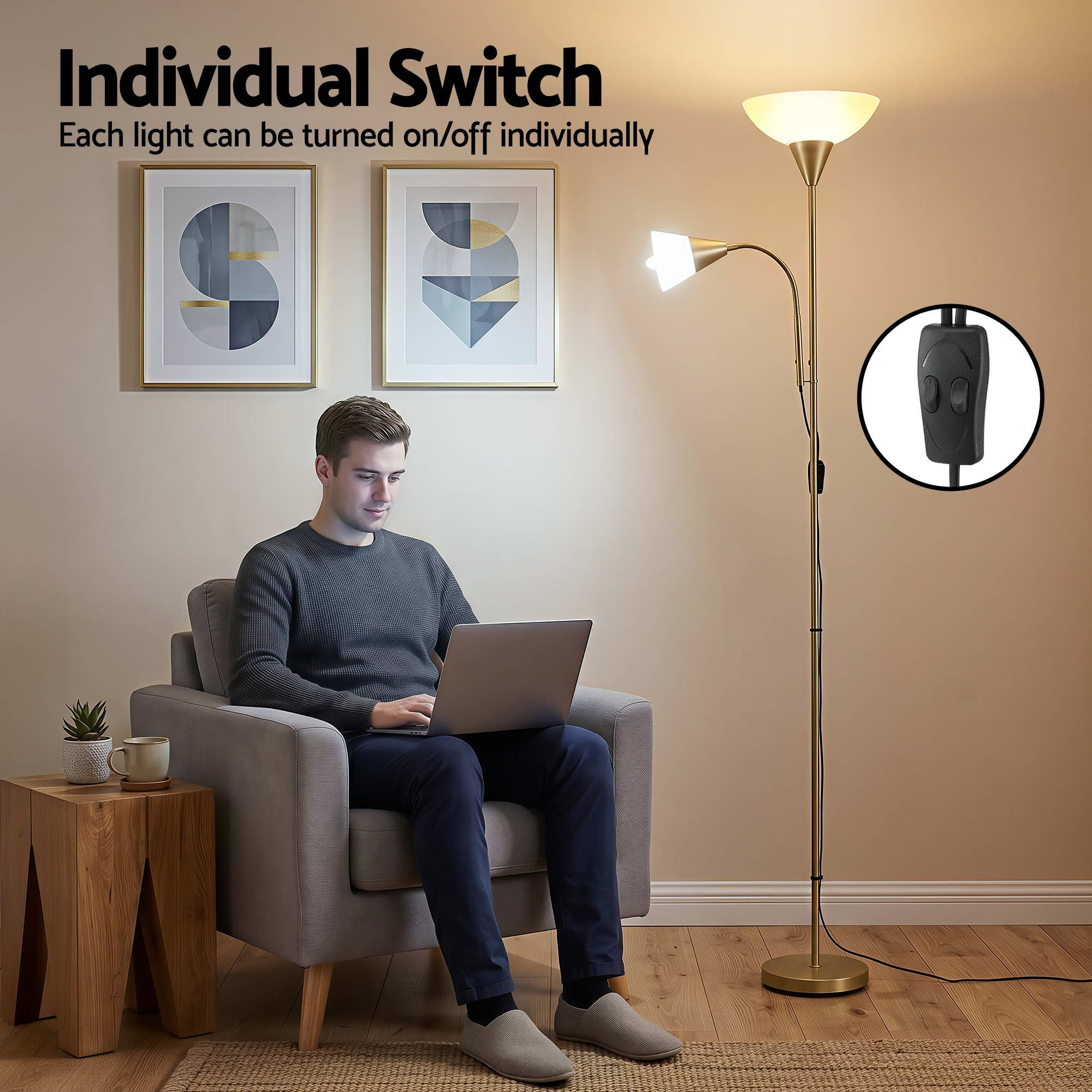 Artiss Gold Floor Lamp with Reading Light | Mother and Child Standing Lamp with 360 Flexible Gooseneck, Individual Switch & Plate Shade, E27 & E14 Bulb (Not — image 6