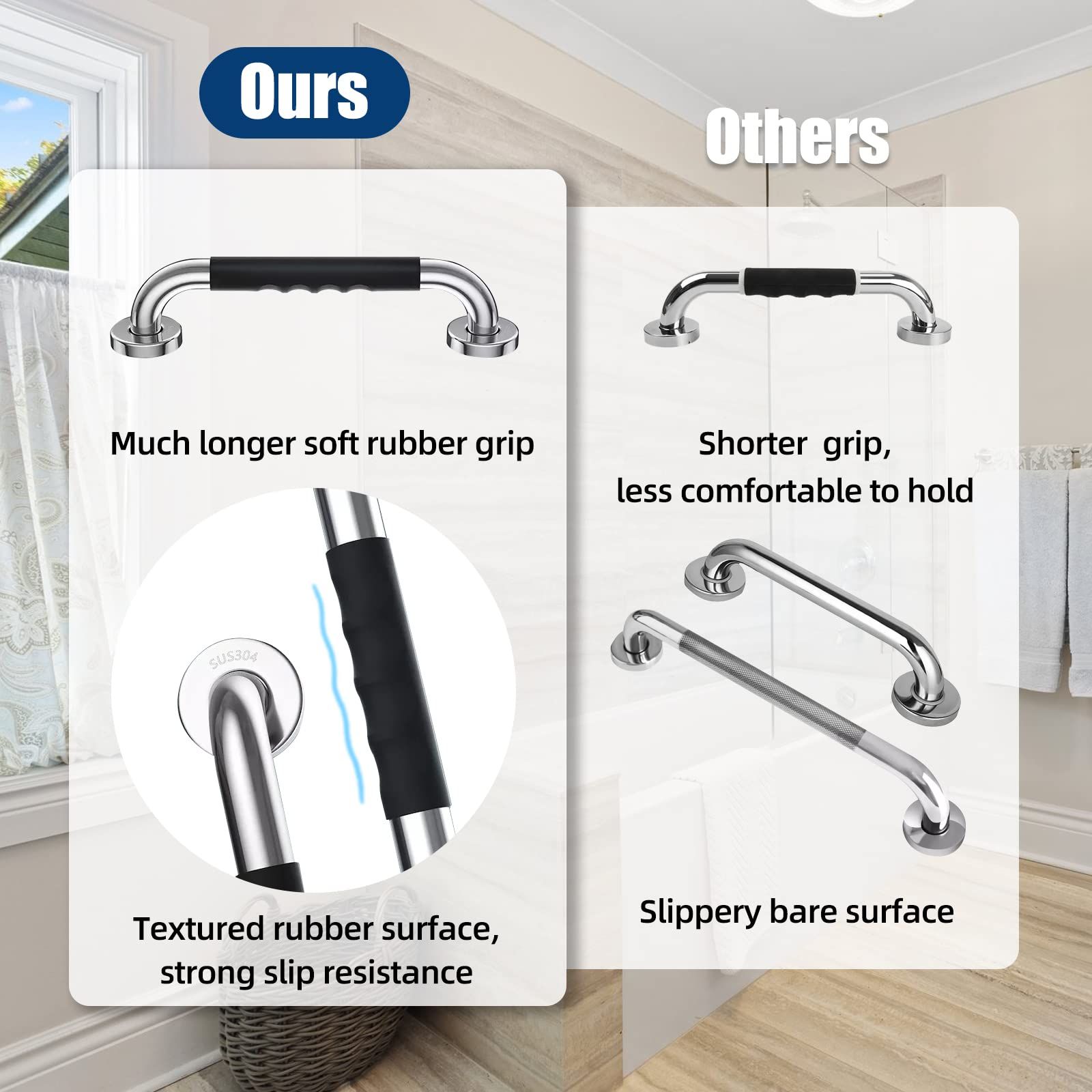 2 Pack 12 inch Bathroom Grab Bars for Seniors,Anti Slip Shower Safety Bars for Elderly for Wall,Handicap Grab Bars,Grab Bars — image 2