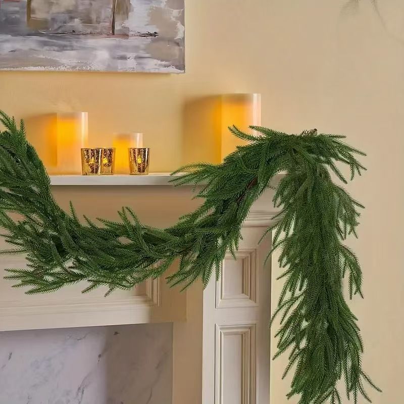Artificial Norfolk Pine Garland, Real Touch Soft PVC Pine Needle Swag, Fake Cypress Greenery Vine for Christmas Fireplace Mantel Home Xmas Decor — image 6