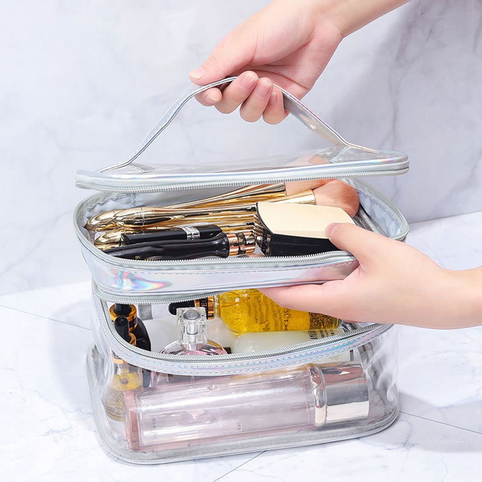 Ladies Cosmetic Bag Transparent Double Layer Waterproof High Capacity Toiletry Storage Bag for Travel Pink — image 3