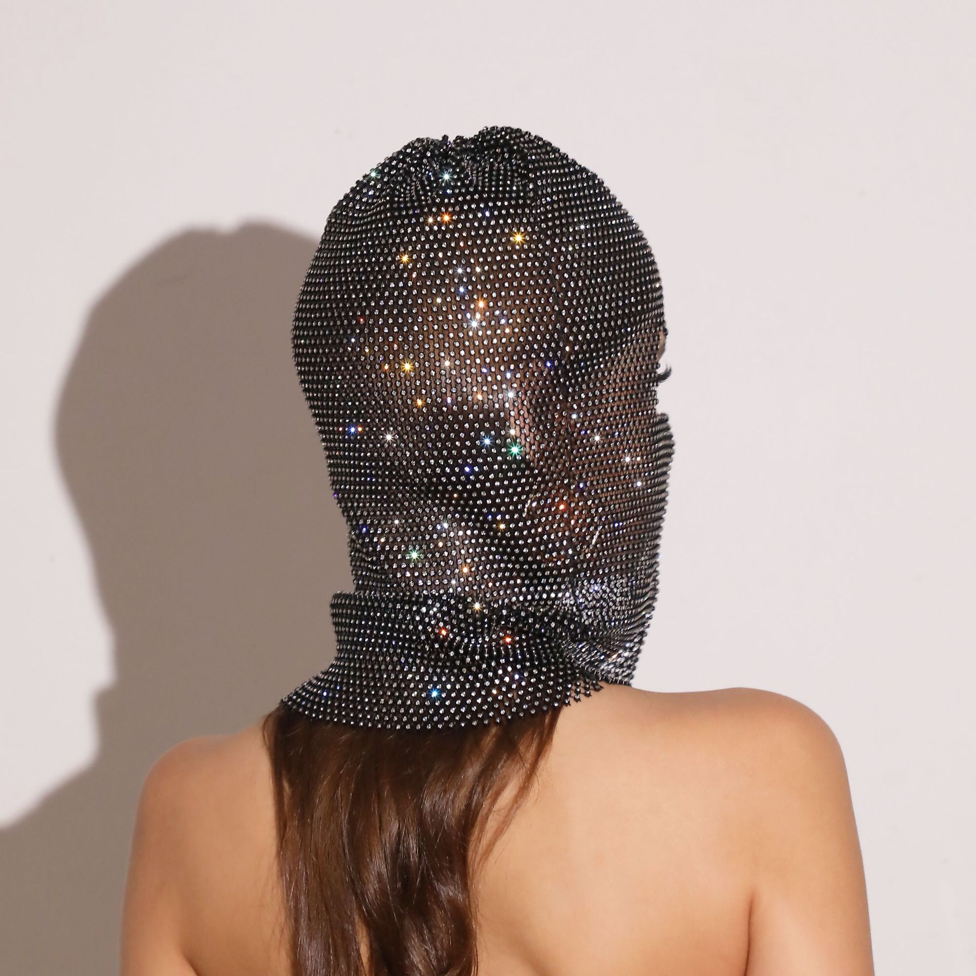 Black colored diamonds Glitter Rhinestone Face Balaclava - Trendy Music Festival Head Cover, 37cm โ image 5