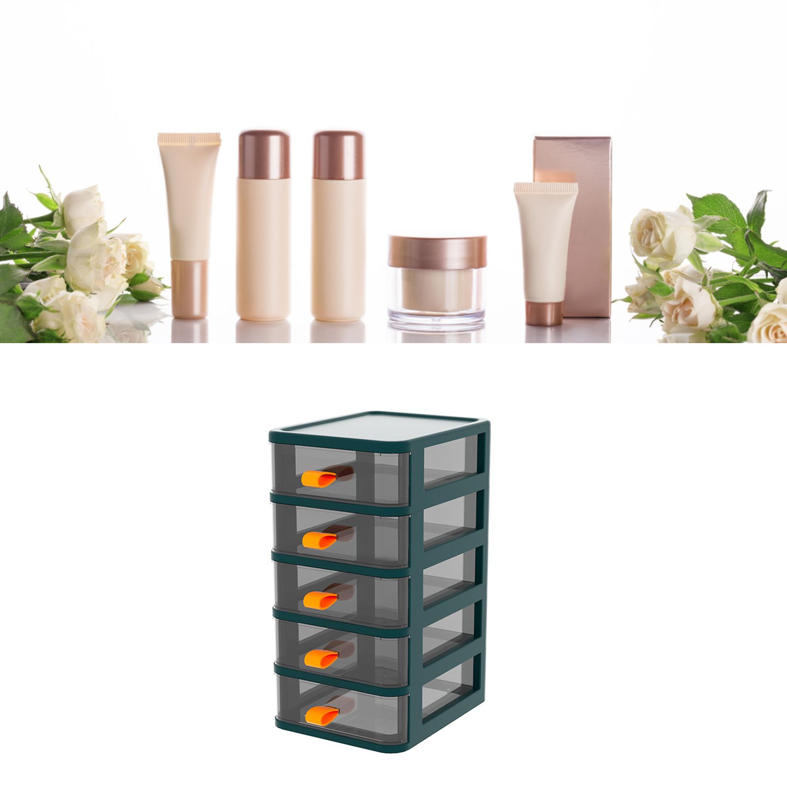 Drawer Type Desktop Storage Box Transparent Desktop Stationery Organizer with Orange Handle 5 Layer Green 13.4x17x28cm โ image 5