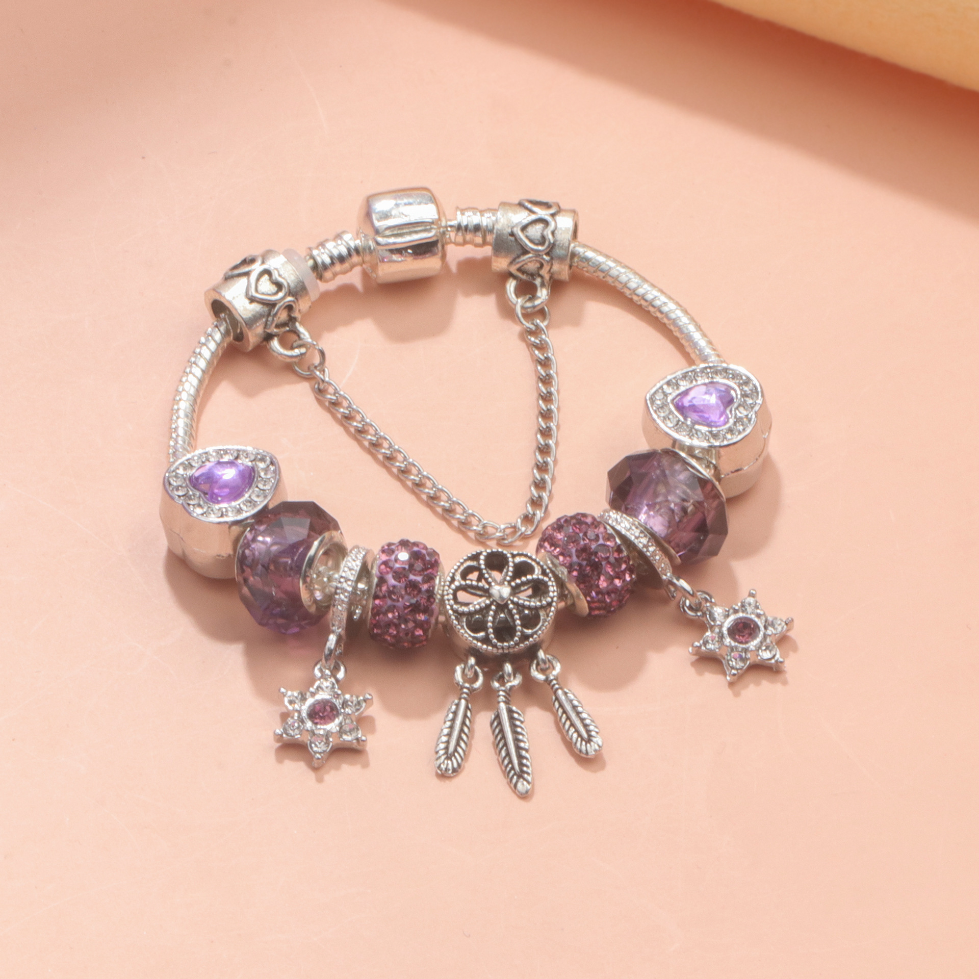 Purple Crystal Beaded Charm Bracelet with Star & Dreamcatcher Pendant, Rhinestone-Embedded DIY Alloy Bracelet(18cm) โ image 6