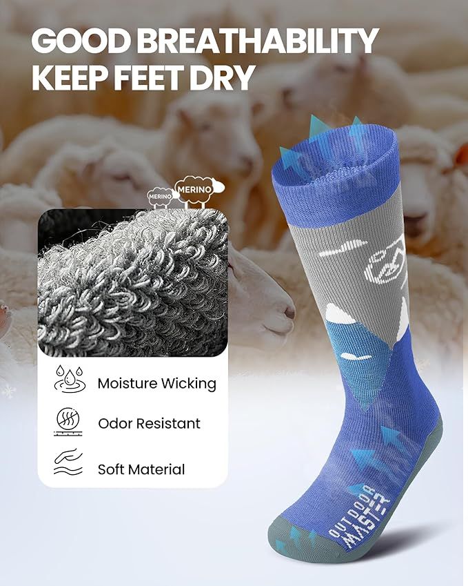 OutdoorMaster Merino Wool Ski Socks for Kids Boys & Girls Thermal Winter Warm Snowboarding Cold Weather-Blue Mountains - 2 Pack,Small โ image 4