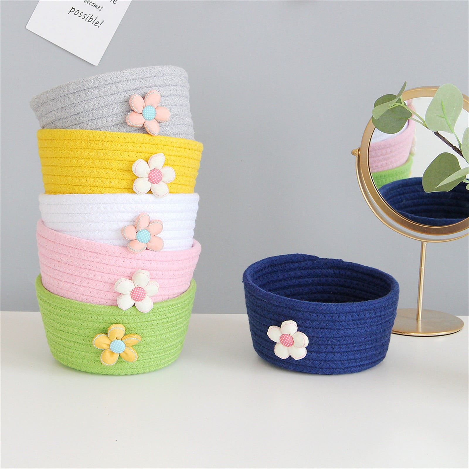 Small Woven Storage Basket, Cotton Rope Rattan Shelf Bin for Toys and Closet Organization at Home or Nursery, White, 16 x 8 cm — image 3