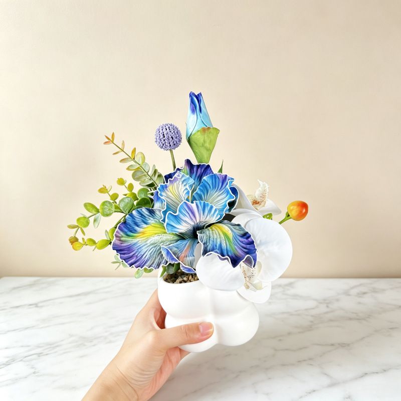 Simulated iris potted plant, floral artistry vibrant and colorful, pumpkin planter round and versatile, no maintenance ready to display upon opening, brightens โ image 3