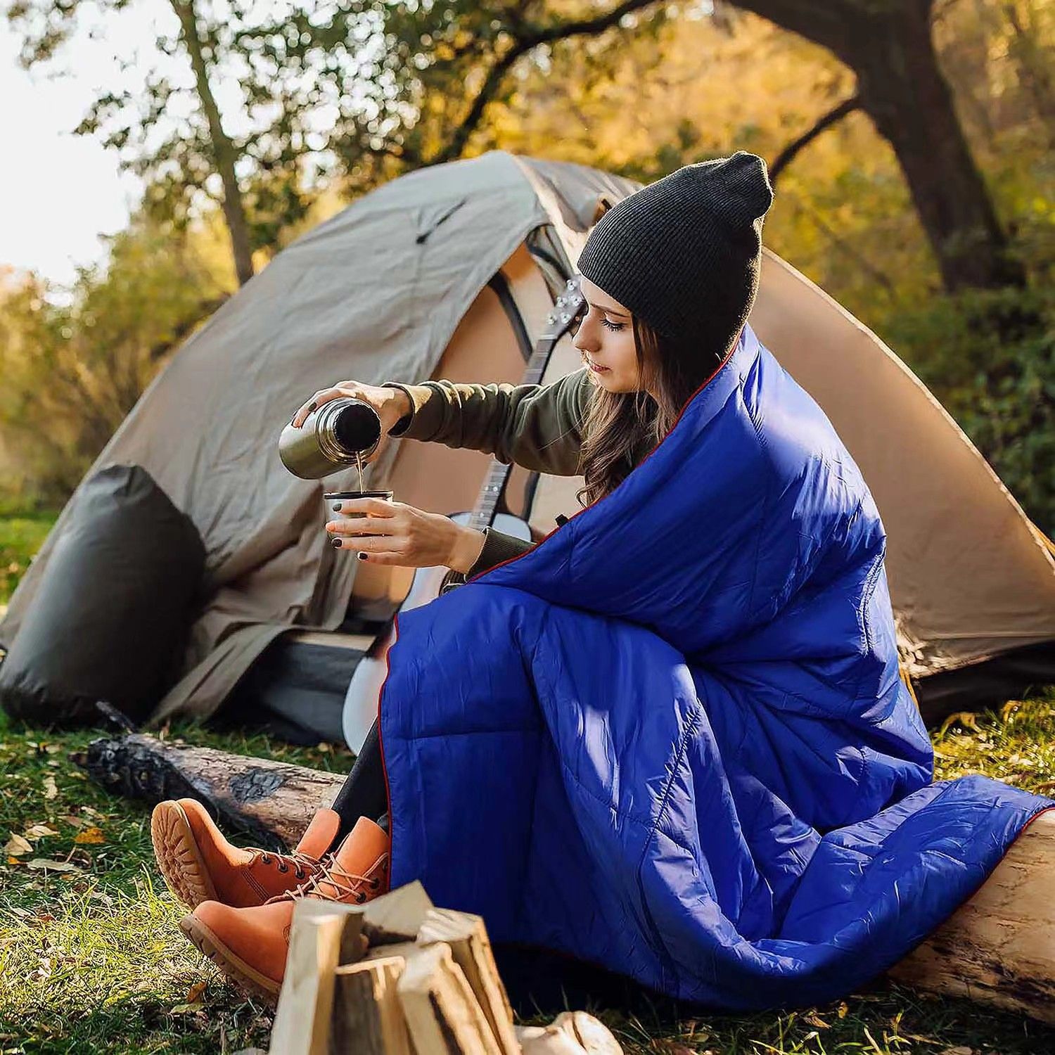 200x140cm Blue Large Outdoor Camping Imitation Silk Cotton Wearable Warmth Blanket, Quilted Poncho Shawl Throw with Storage Bag, Lightweight Warm Camping Quilt โ image 2