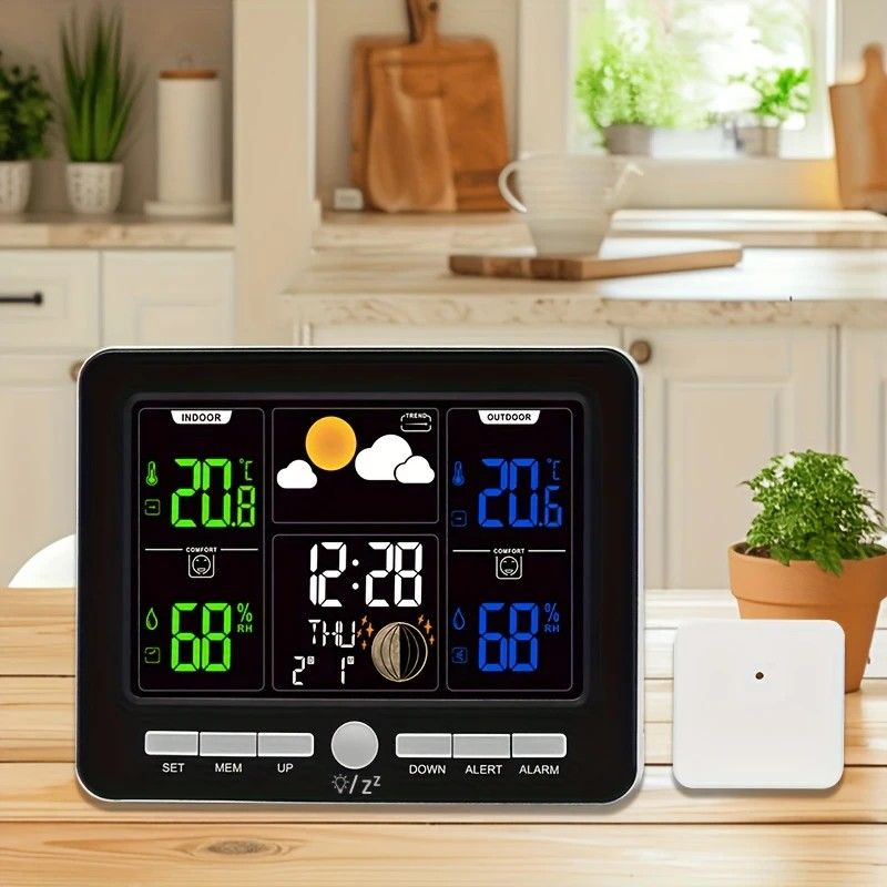 Indoor Outdoor Weather Station Color LCD Atomic Clock Barometer Forecast Dual Alarm Snooze Calendar Time Date Moon Phase Adjustable Backlight.white — image 2
