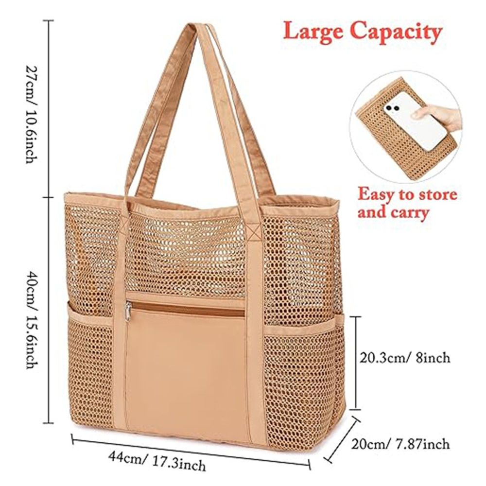 Mesh Beach Tote Bags for Womens, Causal Pool Bags for Swimming Pools Vacations Beach Essentials, brown — image 3
