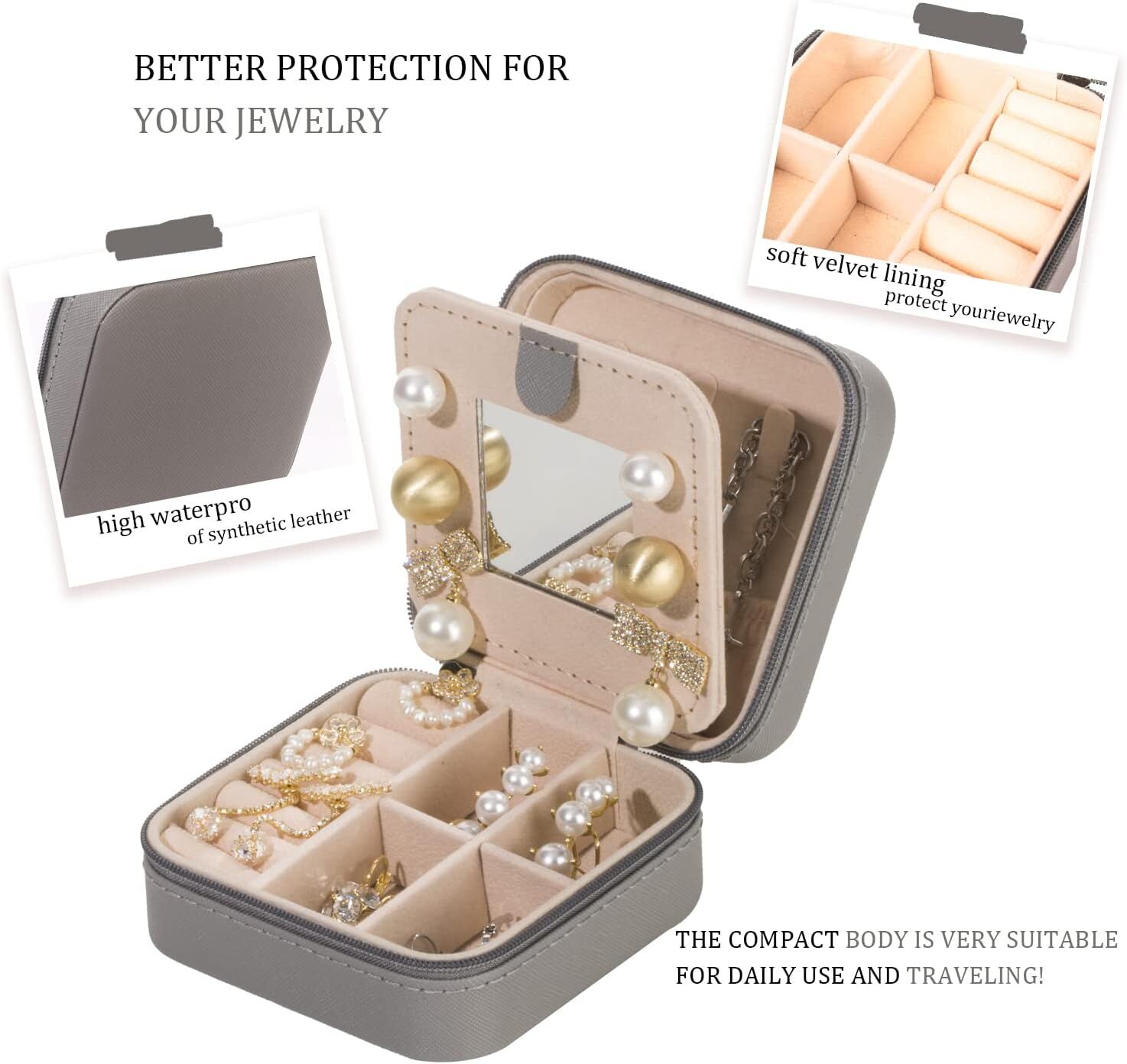 Grey Travel Jewelry Box with Mirror: Chic, Organised Storage for Rings, Necklaces & Earrings, Ideal for Aussies — image 5