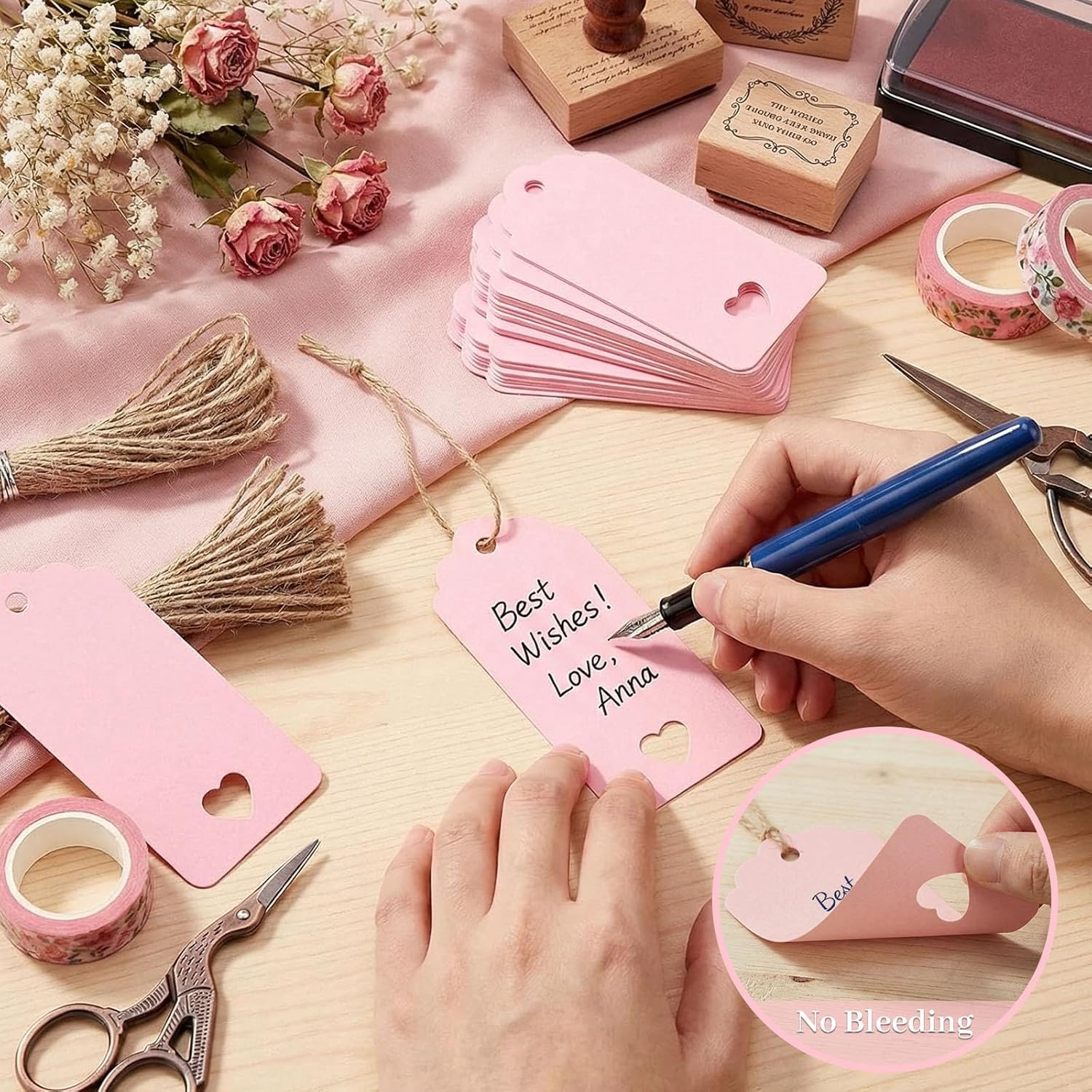 80PCS Gift Tags with String Attached, 3.5 × 1.5 Inches Pink Heart Gift Tags with String for Wedding, DIY Crafts — image 4