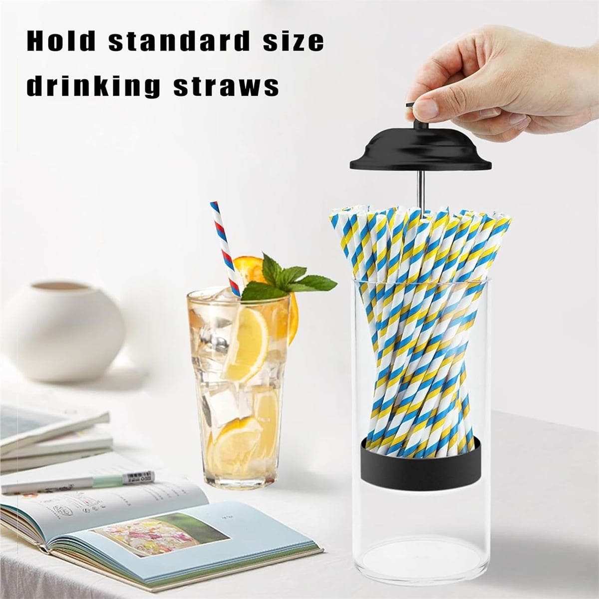 10.6 in Straw Dispenser with Lid, Plastic Straw Holder for Counter, Drinking Straw Organizer Container Transparent Straw Holder for Most Straws, Black (Straws — image 3