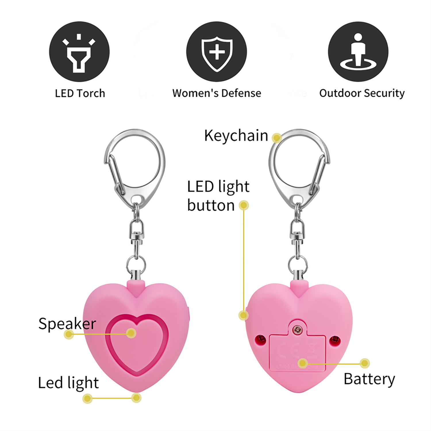 Personal alarm - 125dB - Heart-shaped - Protection device - with light - Keychain - for girls, women, children, the elderly, walking, traveling, parking, at — image 3