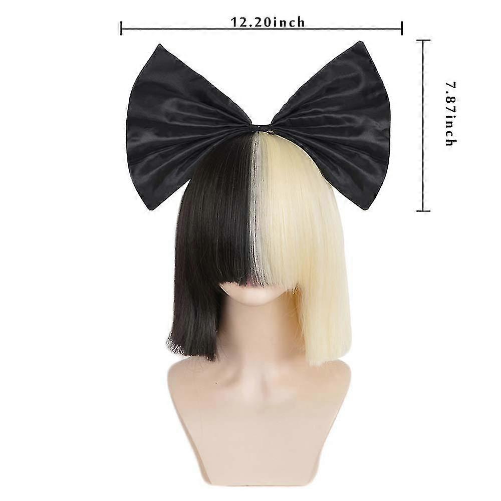 Short Ombre for Women Straight SIA Cosplay Black Blonde Bob Wigs with Bangs Synthetic Fake Hair Wig and Black Big Bow Wig and Black Bigbow 14 Inch — image 4