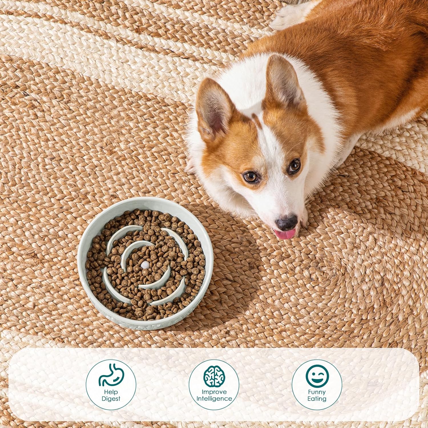 Slow Feeder Dog Bowl, 1.5 Cups Ceramic Dog Food Dish for Fast Eaters Small Breed, Puzzle Bowl for Small Dogs and Cats, Grayish Cyan — image 5