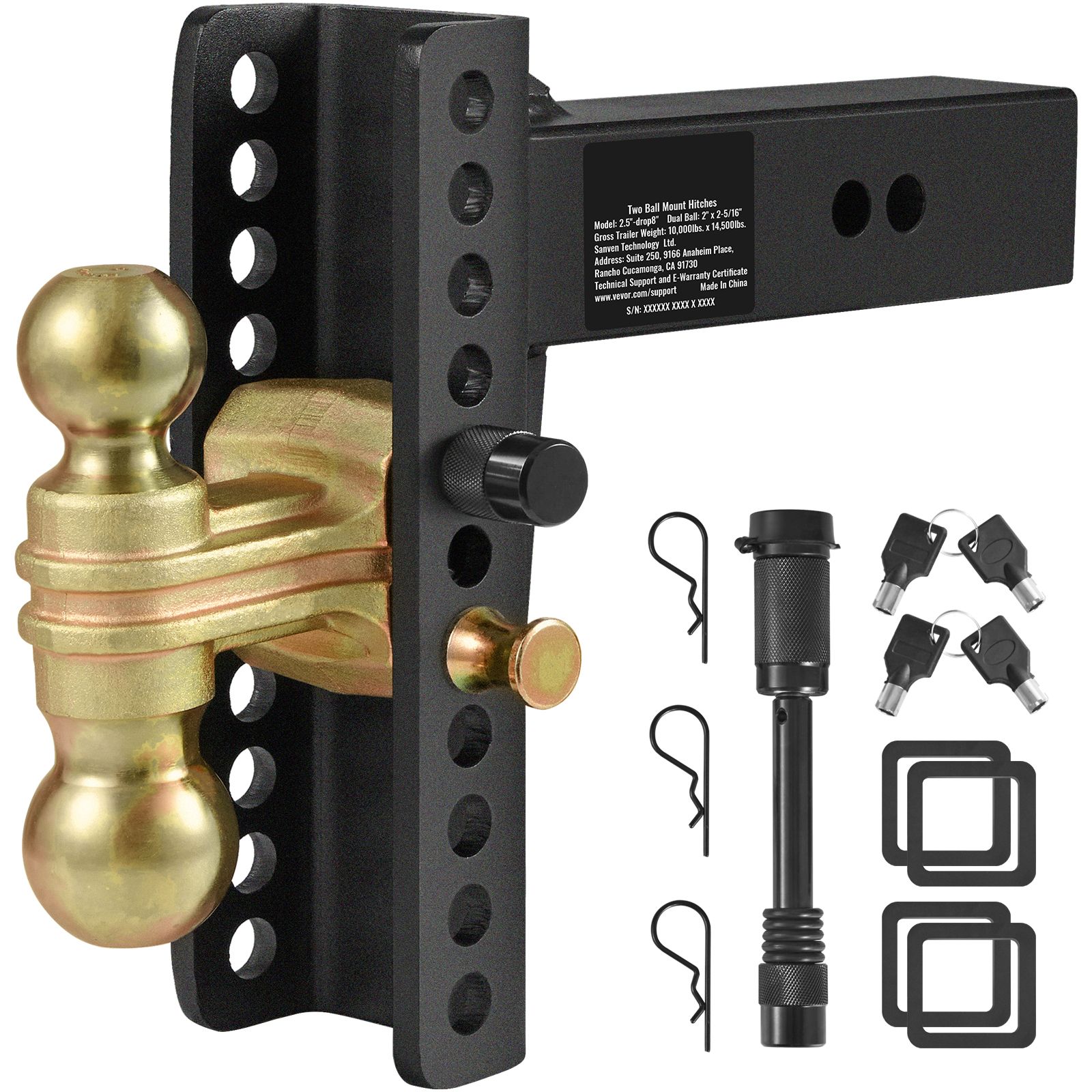 Adjustable Trailer Hitch, 203.2 mm Drop & 165.1 mm Rise Hitch Ball Mount with 63.5 mm Receiver, Solid Tube, 6577 kg GTW, 50.8 mm & 58.7 mm 45# Steel Tow Balls