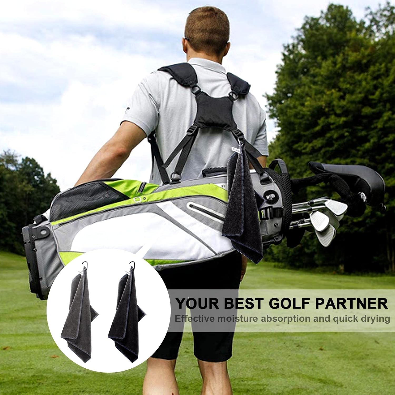 2 pieces golf towels- absorbent cleaning towels- multifunctional towels with carabiner for golf bags- fitness- sport- outdoor- yoga (2 colours)- black โ image 3