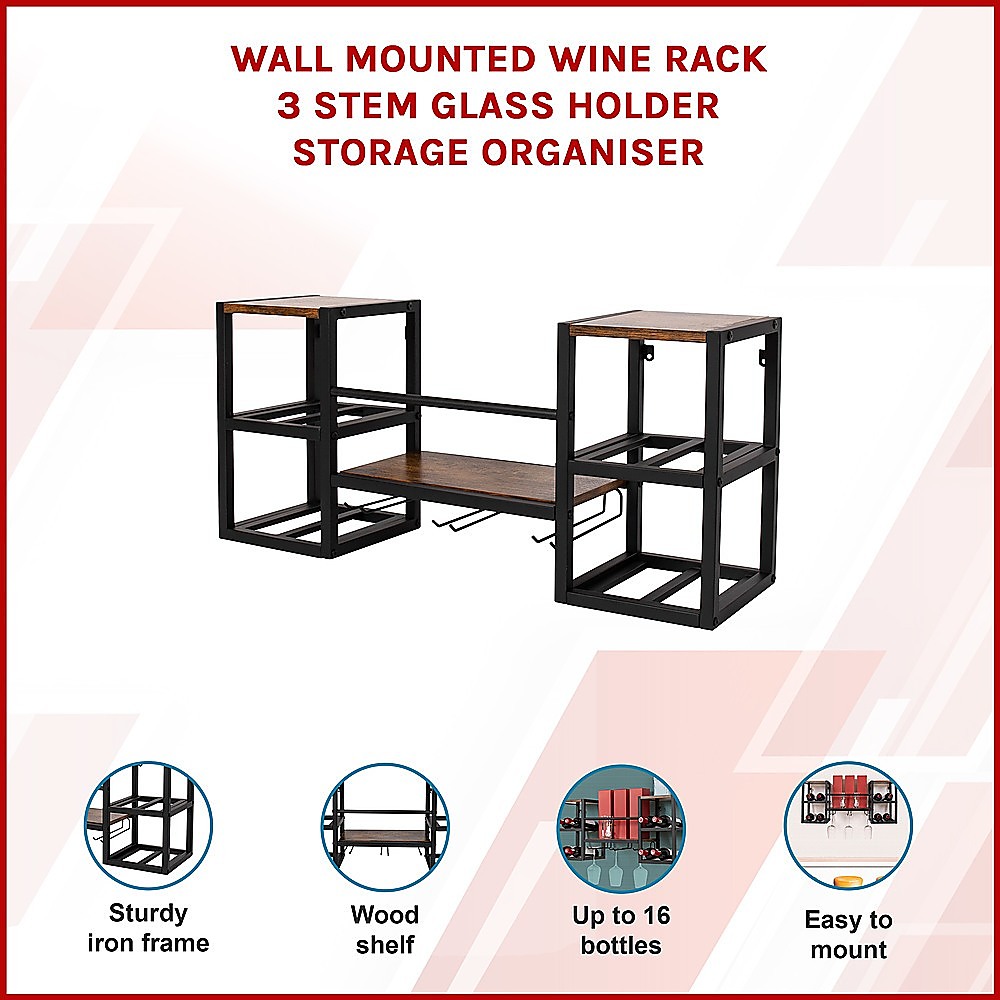 Wall Mounted Wine Rack 3 Stem Glass Holder Storage Organiser — image 2