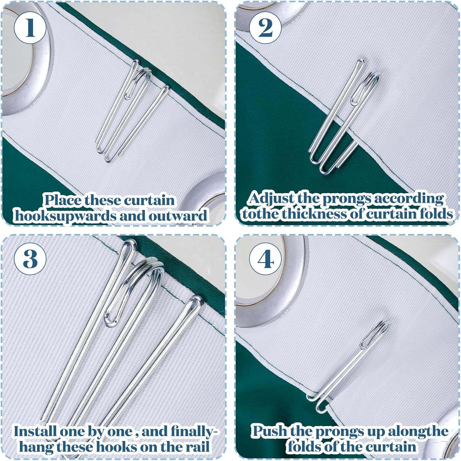 Pleat Hooks Stainless Steel Curtain Hooks Drapery Clasp and Pin 4 Prongs Pinch Pleat Tools Clips for Window, Shower Curtain(60 Pcs) โ image 2