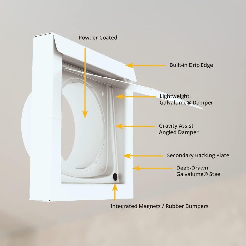 White 4-Inch Dryer Vent Cover – Outdoor Wall Exhaust for Clothes Dryer & Bathroom Fan | Durable Galvalume Steel with Quiet Damper | Other Colours — image 3